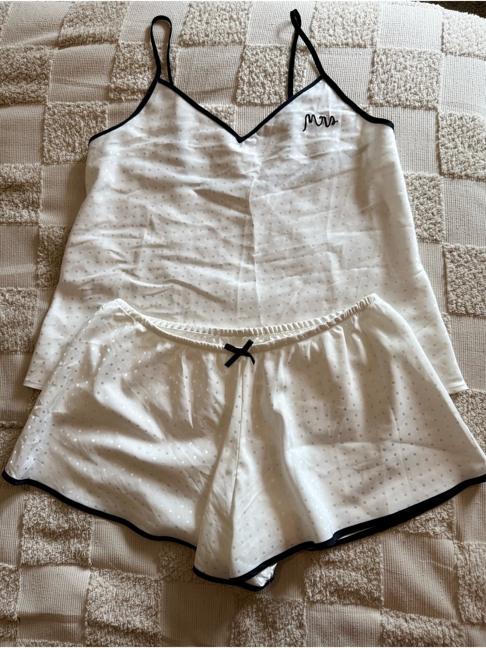 kate spade White Satin Dot-Print Cami & Shorts with Black Trim